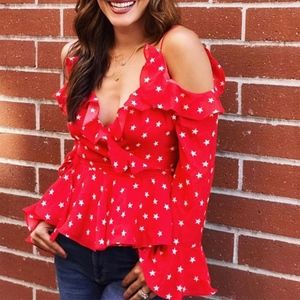 Long Sleeve, "Cold Shoulder," Ruffled, Wrap Top